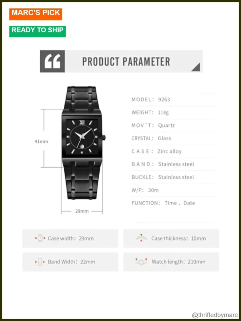 Men's Square Stainless Steel Analog Quartz Watch Water Resistant